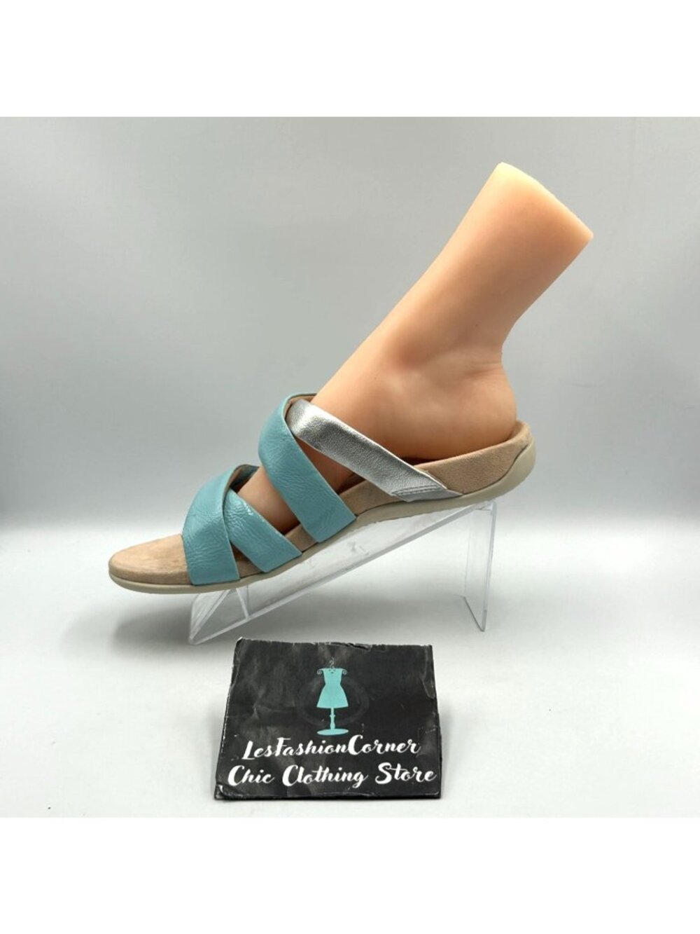 Vionic Women's Silver Blue Leather Hadlie Orthotic Slide Sandals Size 10 3525 - Picture 16 of 16